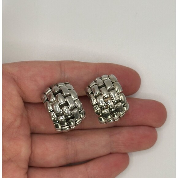 Vintage Silver Tone Basket Weave Half Hoop Clip On Earrings Chunky Modern Heavy - Picture 1 of 4